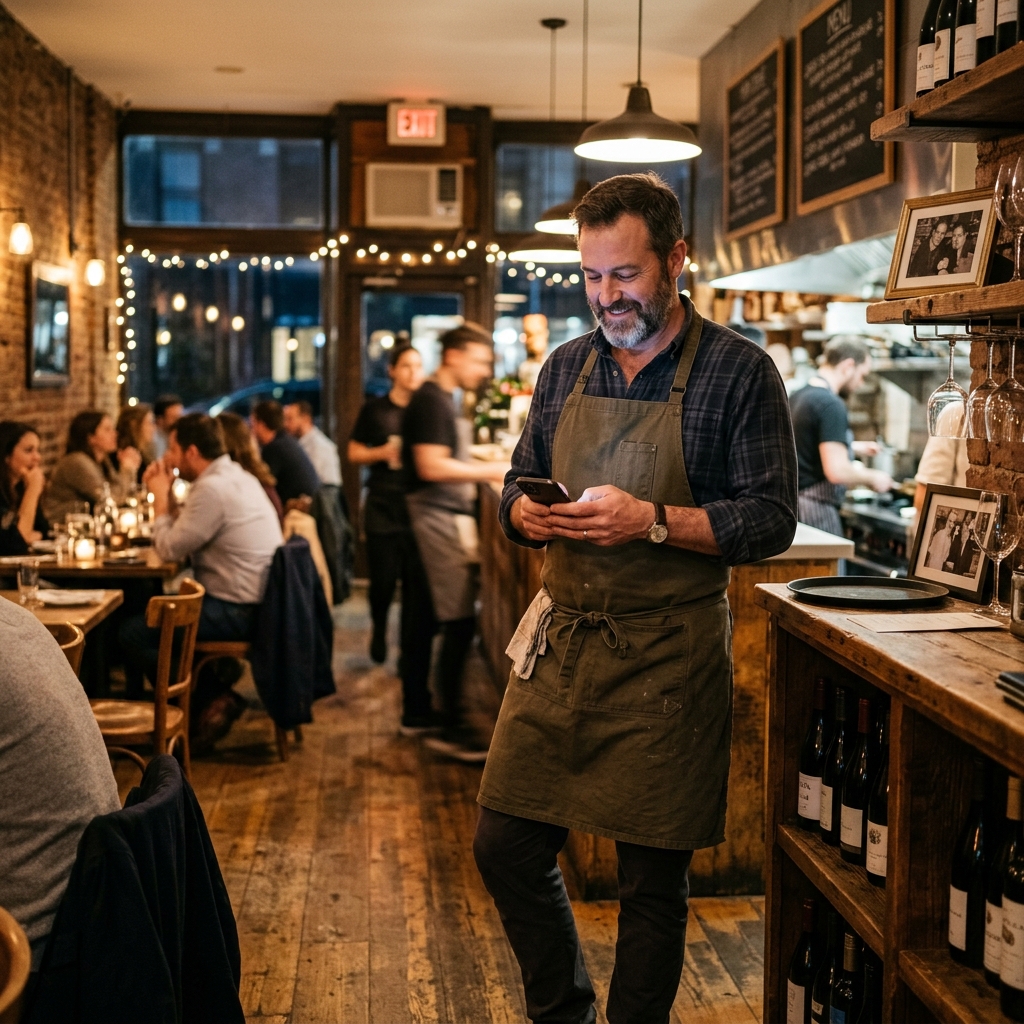 Ristoratore tranquillo che guarda uno smartphone