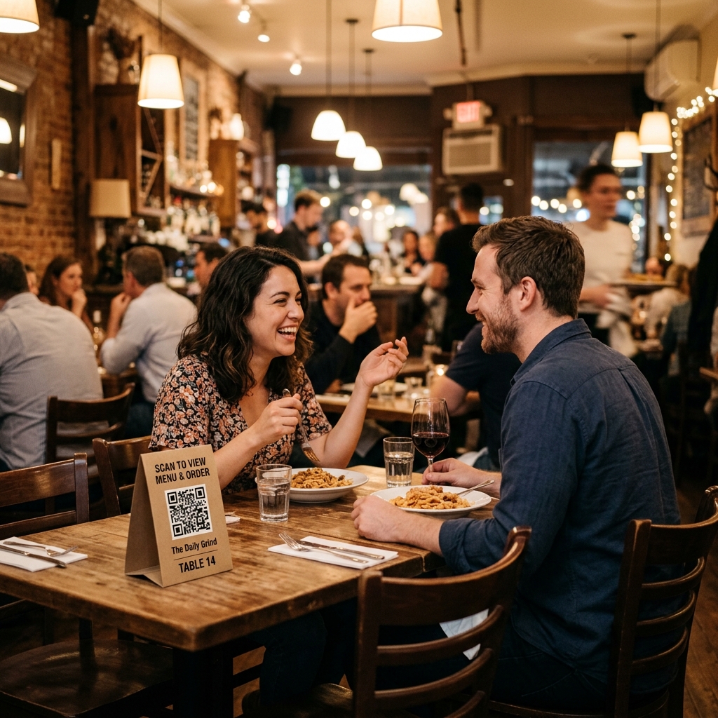 Coppia al tavolo con QR code visibile